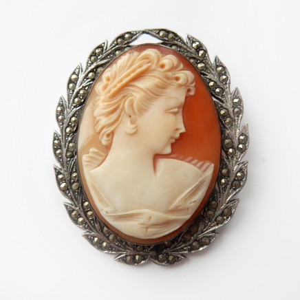 Photo of Antique Silver Marcasite Carved Shell Cameo Brooch Sterling Silver