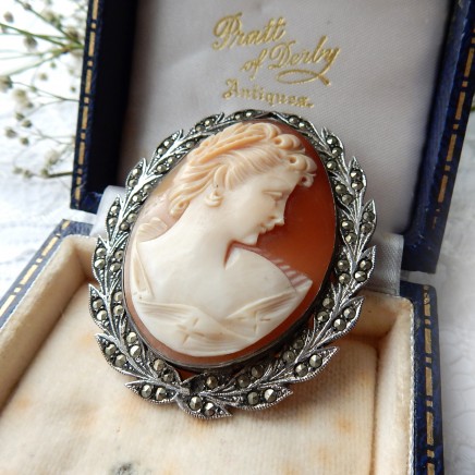 Photo of Antique Silver Marcasite Carved Shell Cameo Brooch Sterling Silver