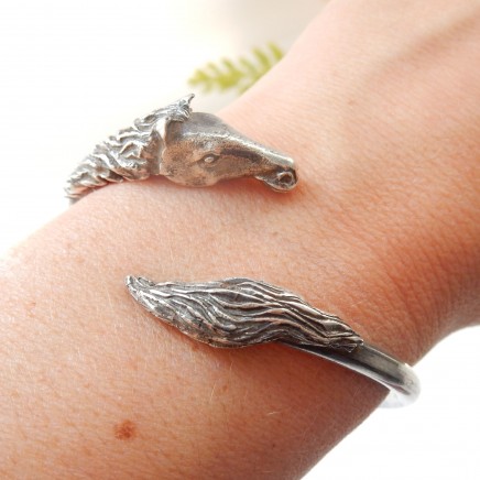 Photo of Antique Silver Plated Metal Equestrian Horse Cuff Bracelet Wrap Bangle