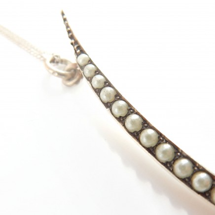 Photo of Antique Sterling Silver Seed Pearl Celestial Moon Crescent Pendant Necklace