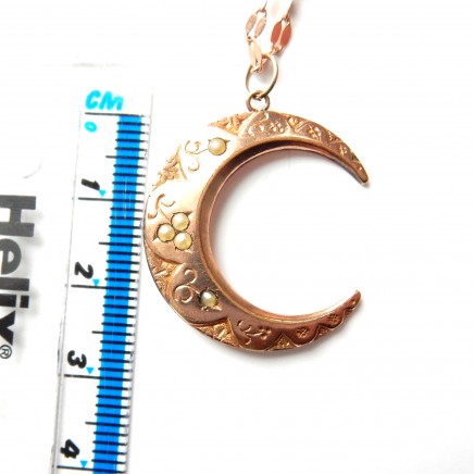 Photo of Antique Victorian Gold Filled Seed Pearl Moon Pendant Necklace Jewelery