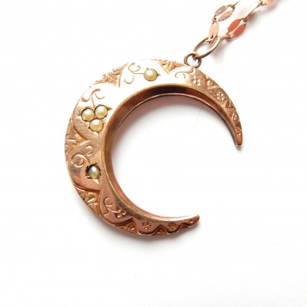 Photo of Antique Victorian Gold Filled Seed Pearl Moon Pendant Necklace Jewelery