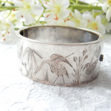 Photo of Antique Victorian Silver Hand Chased Heron Bird Cuff Bangle Bracelet Aesthetic