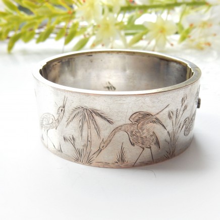 Photo of Antique Victorian Silver Hand Chased Heron Bird Cuff Bangle Bracelet Aesthetic