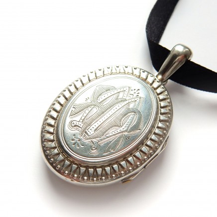 Photo of Antique Victorian Sterling Silver Monogram Locket Necklace Victorian Locket