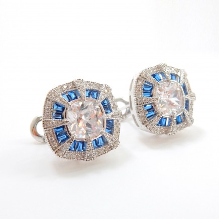 Photo of Art Deco Cubic Zirconia Blue Glass Earrings Sterling Silver Fine Jewelry