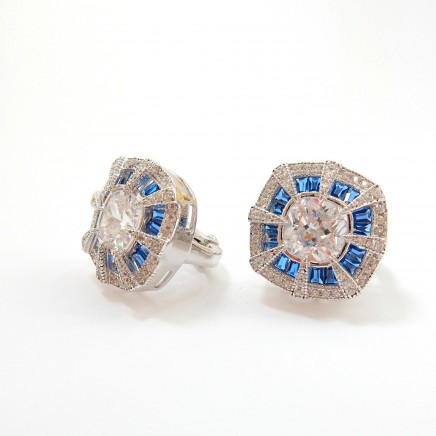 Photo of Art Deco Cubic Zirconia Blue Glass Earrings Sterling Silver Fine Jewelry