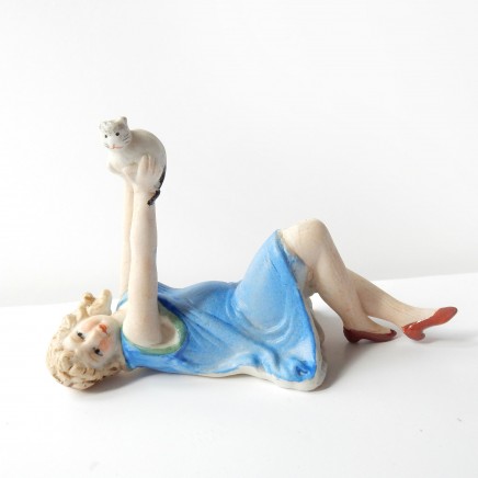 Photo of Art Deco German Bisque Porcelain Lady with Kitten Figure Pin Doll
