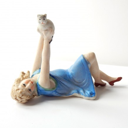Photo of Art Deco German Bisque Porcelain Lady with Kitten Figure Pin Doll
