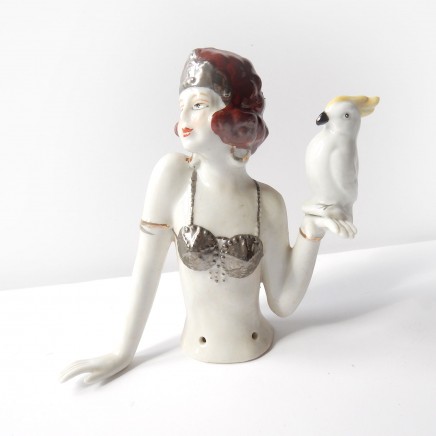 Photo of Art Deco German Porcelain Ceramic Flapper Girl with Parrot Pin Doll Half Doll