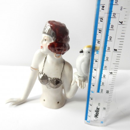 Photo of Art Deco German Porcelain Ceramic Flapper Girl with Parrot Pin Doll Half Doll