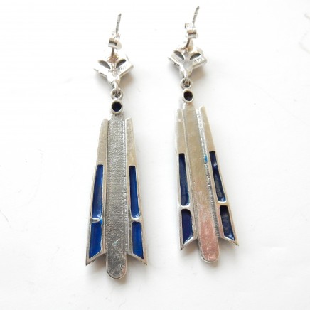 Photo of Art Deco Lapis Lazuli Marcasite Droplet Earrings Solid Silver