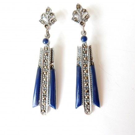 Photo of Art Deco Lapis Lazuli Marcasite Droplet Earrings Solid Silver