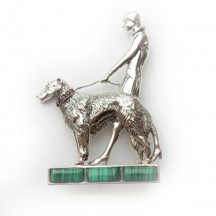 Photo of Art Deco Malachite Ruby Flapper Lady Dog Sterling Silver Brooch Genuine Gemstones