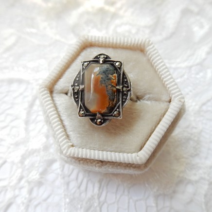 Photo of Art Deco Moss Agate Sterling Silver Marcasite Ring September Birthstone Jewelery