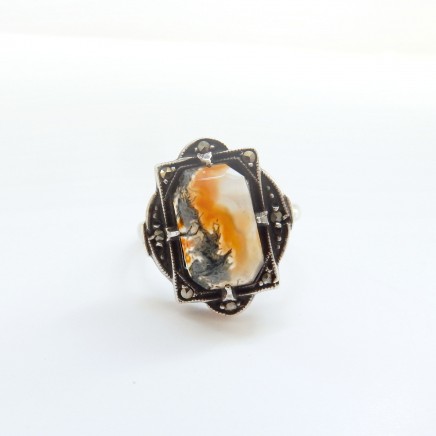 Photo of Art Deco Moss Agate Sterling Silver Marcasite Ring September Birthstone Jewelery