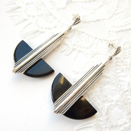 Photo of Art Deco Onyx Earrings Sterling Silver Fine Silver Droplet Earrings