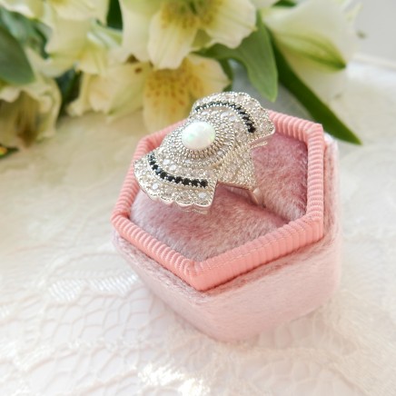 Photo of Art Deco Opal Cubic Zirconia Sterling Silver Statement Ring
