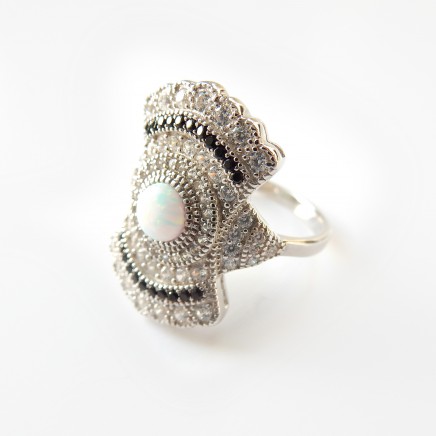 Photo of Art Deco Opal Cubic Zirconia Sterling Silver Statement Ring