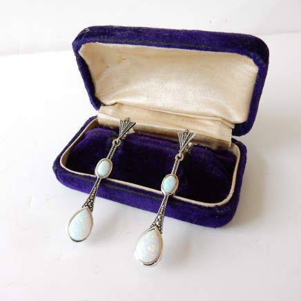 Photo of Art Deco Opal Marcasite Droplet Earrings Solid Silver