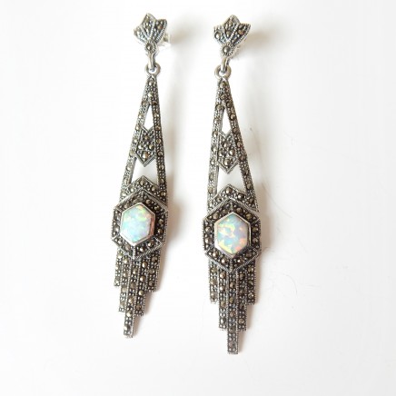Photo of Art Deco Opal Marcasite Earring Solid Silver