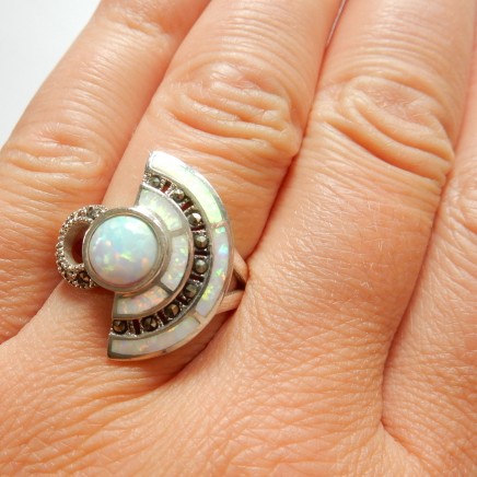 Photo of Art Deco Opal Marcasite Ring Solid Silver