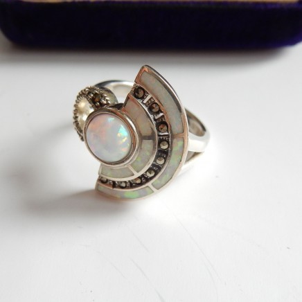 Photo of Art Deco Opal Marcasite Ring Solid Silver