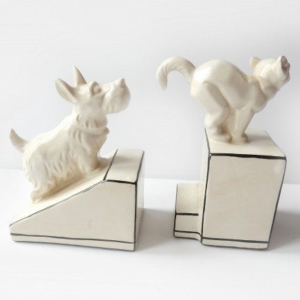 Photo of Art Deco Porcelain Ceramic Cat Dog Book Ends