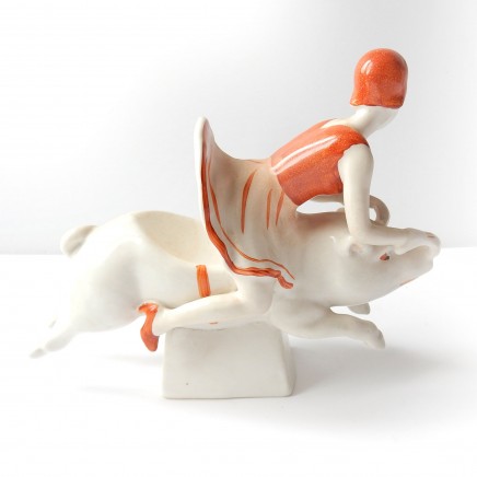 Photo of Art Deco Porcelain Ceramic Lady Riding Pig Trinket Bowl Figurine Ornament