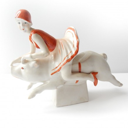 Photo of Art Deco Porcelain Ceramic Lady Riding Pig Trinket Bowl Figurine Ornament