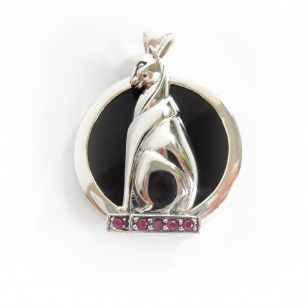 Photo of Art Deco Solid Silver Ruby Onyx Cat Pendant