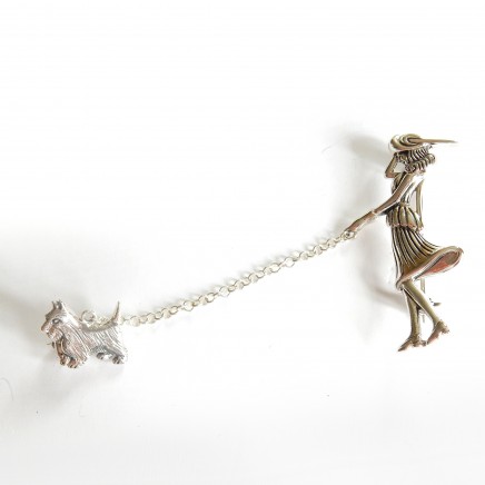 Photo of Art Deco Sterling Silver Lady Walking Dog Brooch