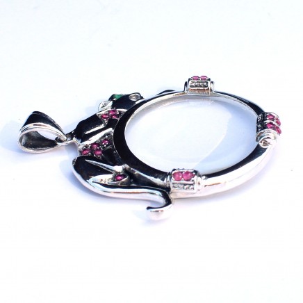 Photo of Art Deco style Solid Silver Ruby Jaguar Cat Optical Loupe Glass Pendant