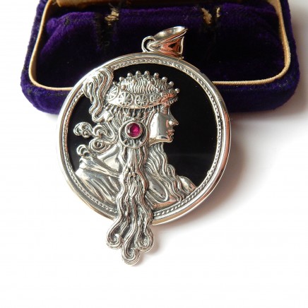 Photo of Art Nouveau Alphonse Mucha Maiden Ruby Onyx Pendant Sterling Silver