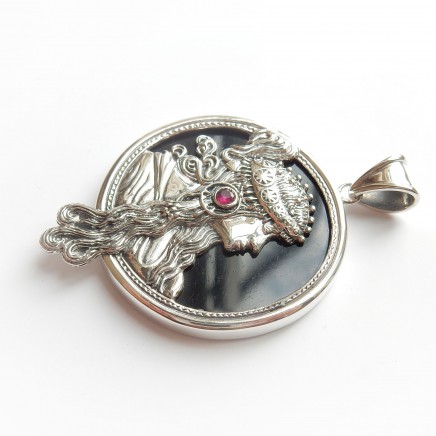 Photo of Art Nouveau Alphonse Mucha Maiden Ruby Onyx Pendant Sterling Silver