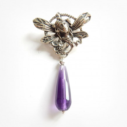 Photo of Art Nouveau Lady Purple Glass Droplet Pendant Brooch Sterling Silver