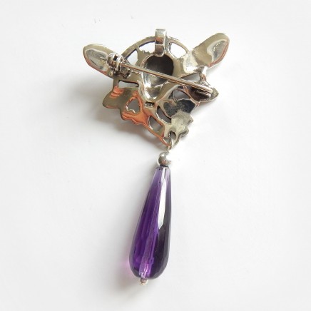 Photo of Art Nouveau Lady Purple Glass Droplet Pendant Brooch Sterling Silver