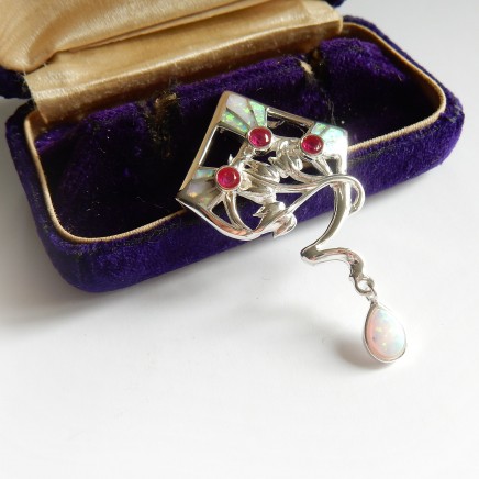 Photo of Art Nouveau Opal Ruby Droplet Pendant Brooch Sterling Silver