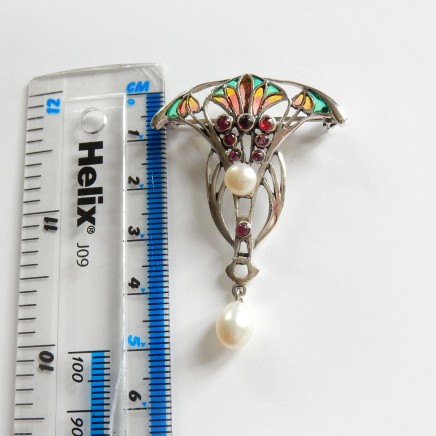 Photo of Art Nouveau Pearl & Ruby Droplet Pendant Brooch Sterling Silver