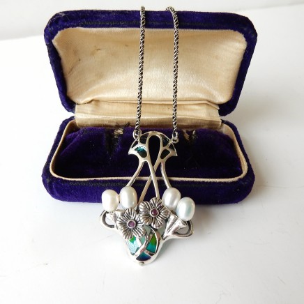 Photo of Art Nouveau Pearl Ruby Plique a Jour Enamel Necklace