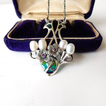 Photo of Art Nouveau Pearl Ruby Plique a Jour Enamel Necklace