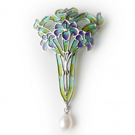 Photo of Arts & Crafts Pearl Droplet Plique a Jour Enamel Brooch Pendant Sterling Silver Freshwater Pearl
