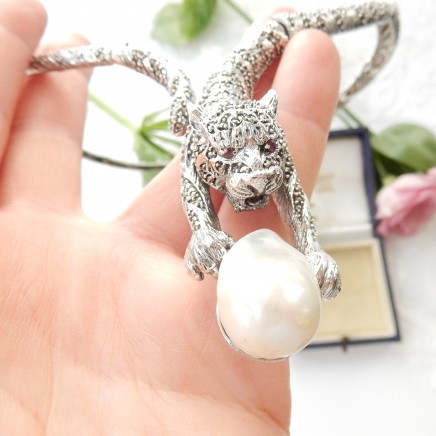 Photo of Baroque Pearl Marcasite Wild Cat Panthere Necklace Solid Silver Fine Jewelery