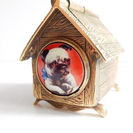 Photo of Brass Enamel Pug Dog Kennel Dog House Vesta Match Safe Snuff Box