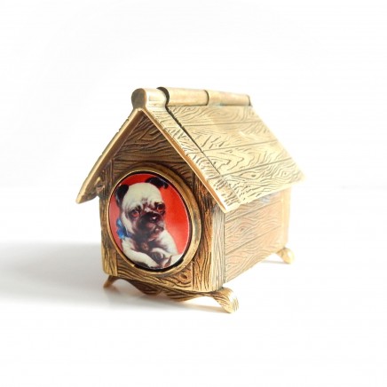 Photo of Brass Enamel Pug Dog Kennel Dog House Vesta Match Safe Snuff Box