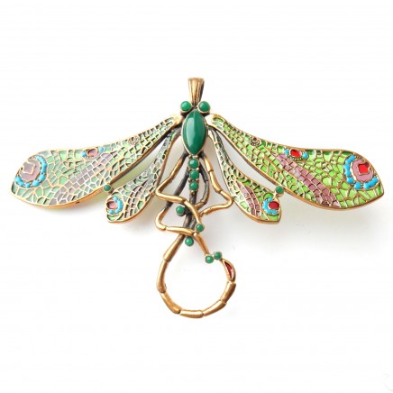 Photo of Brass Lalique Plique a Jour Enamel Green Agate Dragonfly Pendant