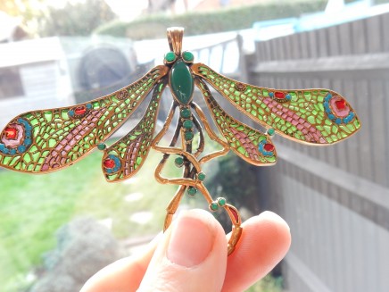 Photo of Brass Lalique Plique a Jour Enamel Green Agate Dragonfly Pendant