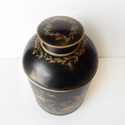 Photo of Chinese Toleware Tea Caddy Canister Tin Hand Painted Black Gold Metal
