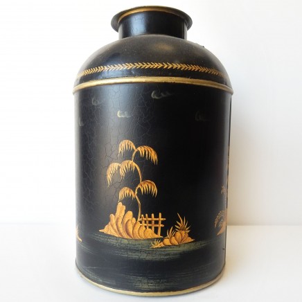 Photo of Chinese Toleware Tea Caddy Lidded Tin Hand Painted Fisherman