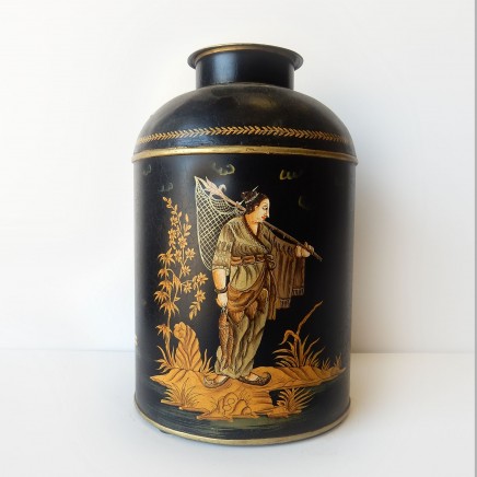 Photo of Chinese Toleware Tea Caddy Lidded Tin Hand Painted Fisherman